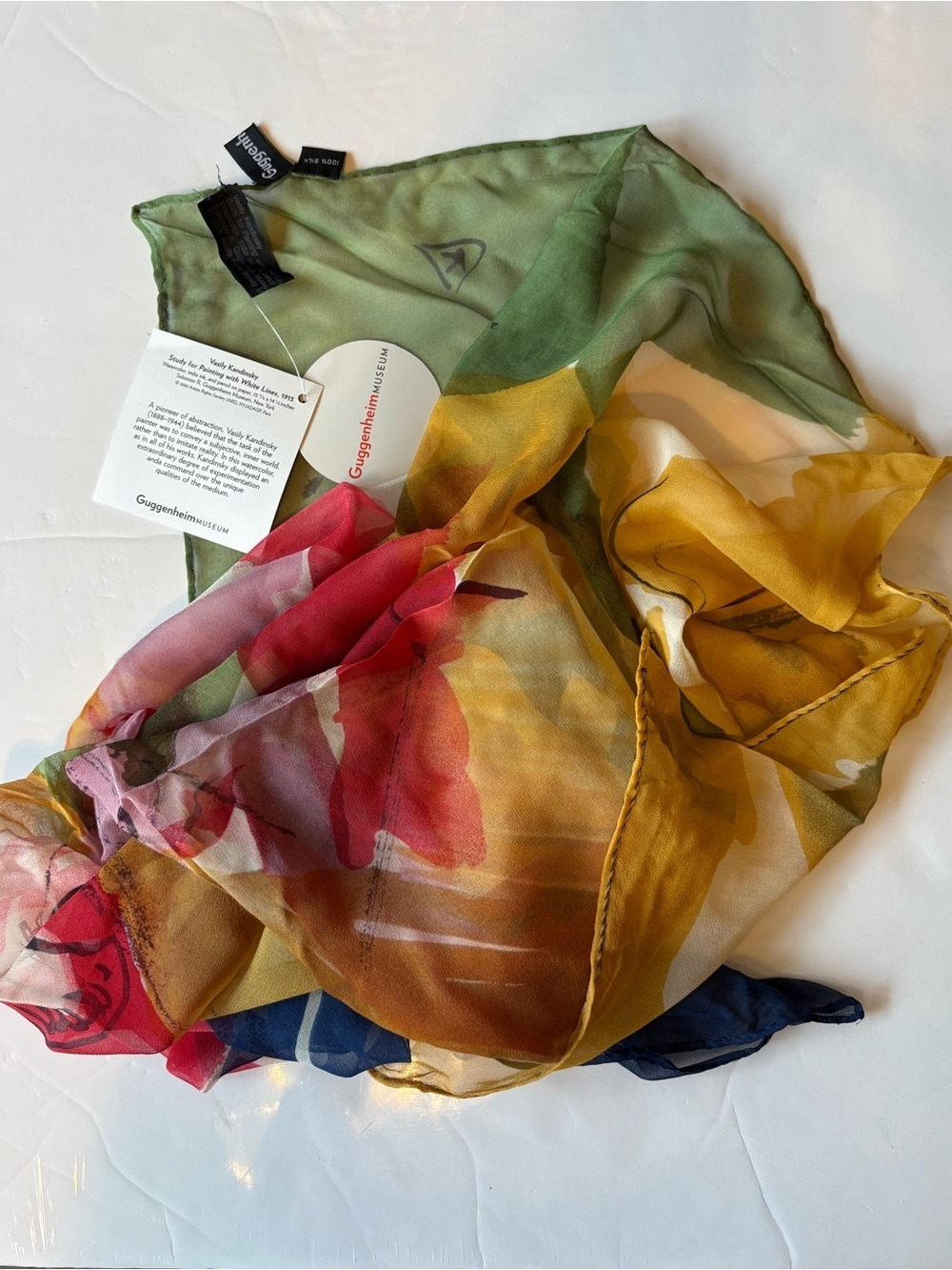 Guggenheim Museum Colorful Artist Abstract Watercolor Floral Silk Wrap Scarf - Picture 11 of 13